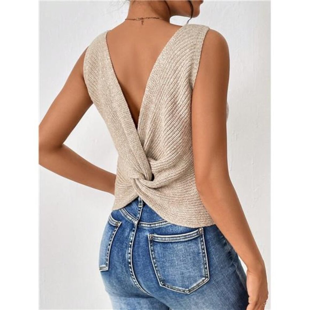 Cream Twist-Back Knit Scoop Neck Open Back Sweater Cropped Summer